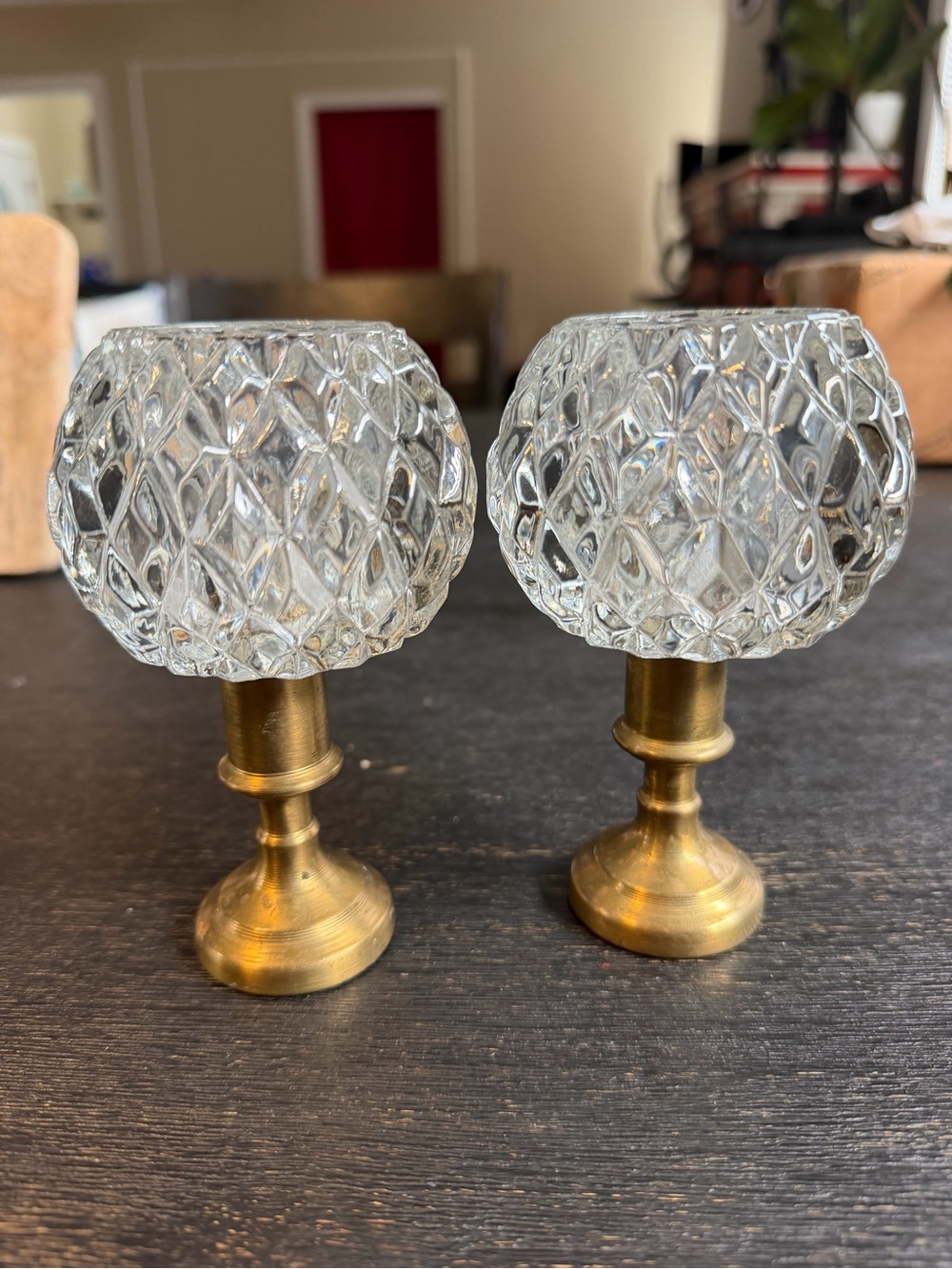 Vintage Brass and Clear Glass Diamond-Pattern Votive Holders